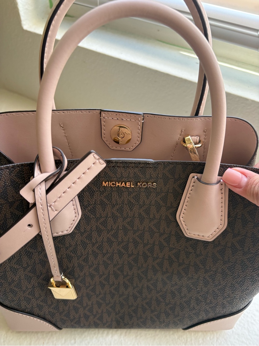 Michael Kors Brown Monogram Satchel with Blush Trim - Picture 2 of 5